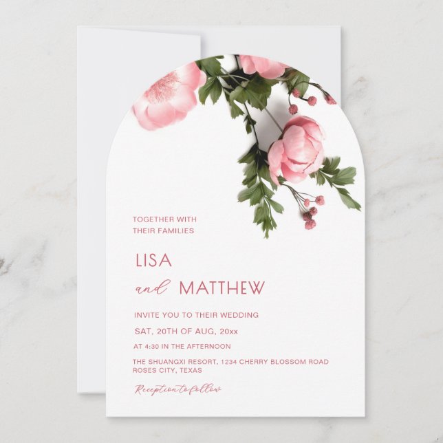 Invitation Mariage Fleurs Sauvages Roses 3D Modernes (Devant)