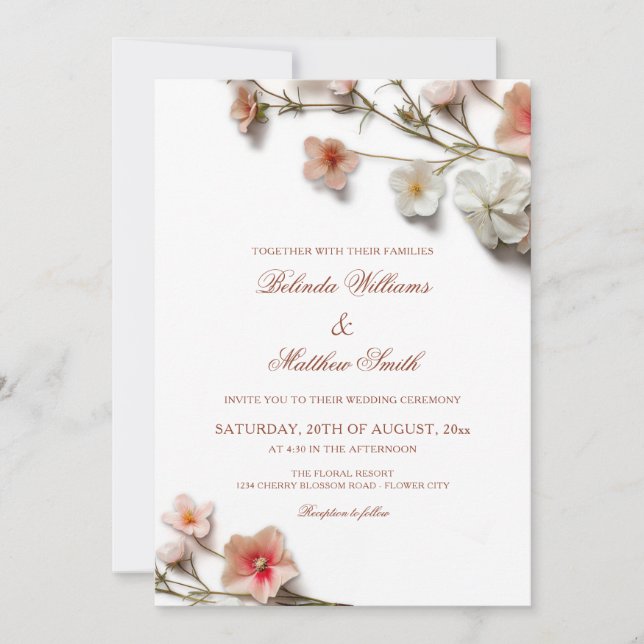 Invitation Mariage Fleurs Sauvages Roses Blanches 3D (Devant)