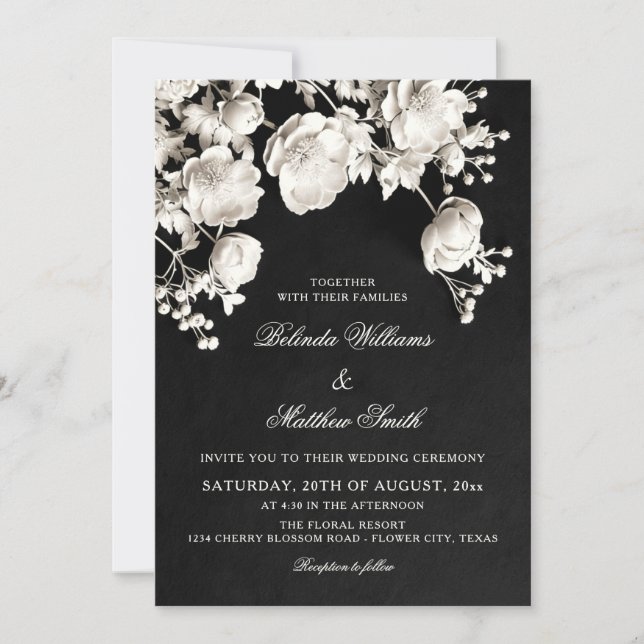 Invitation Mariage Fleurs Sculptées Noir Et Blanc  (Devant)