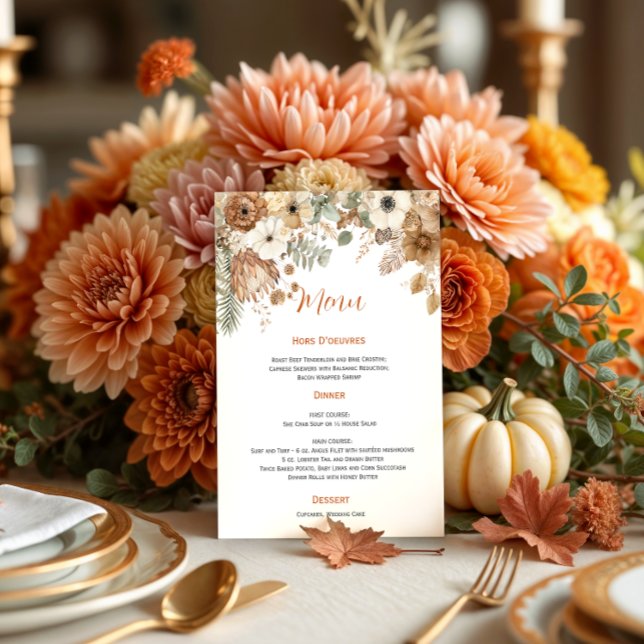 Invitation Mariage Fleurs Séchées Bohème Automne | Menu (Créateur téléchargé)