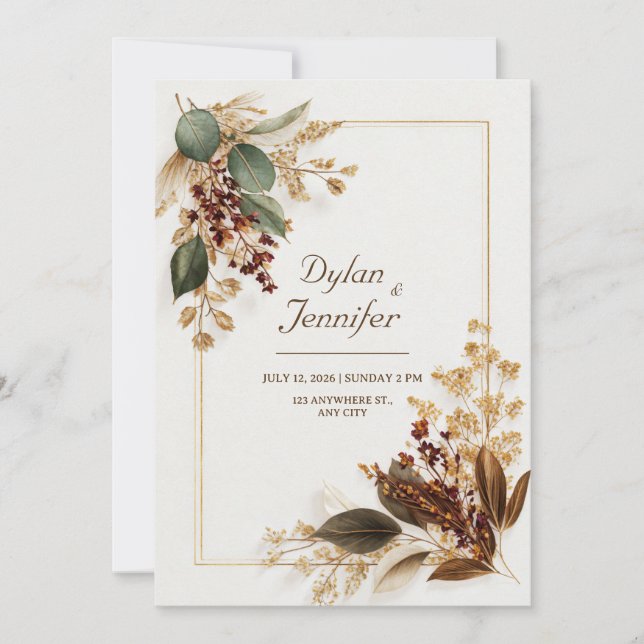 Invitation Mariage Fleurs Séchées Or Eucalyptus Bourgogne (Devant)