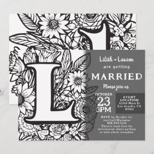 Invitation Mariage Fleurs Tatouage Monogramme L Noir et Blanc