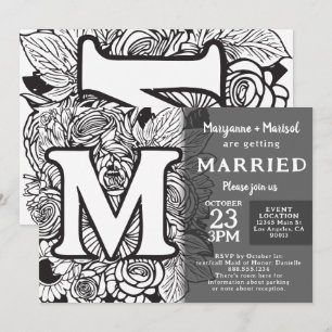 Invitation Mariage Fleurs Tatouage Monogramme M Noir et Blanc