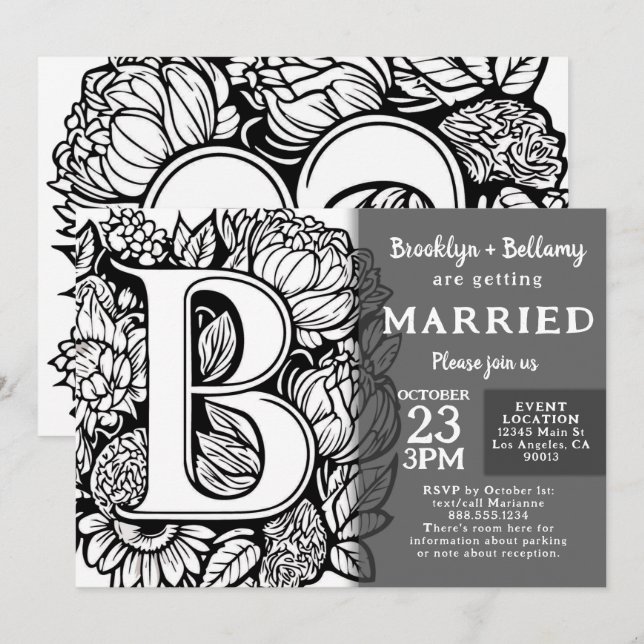 Invitation Mariage Fleurs Tatouage Monogramme Noir et Blanc (Devant / Derrière)