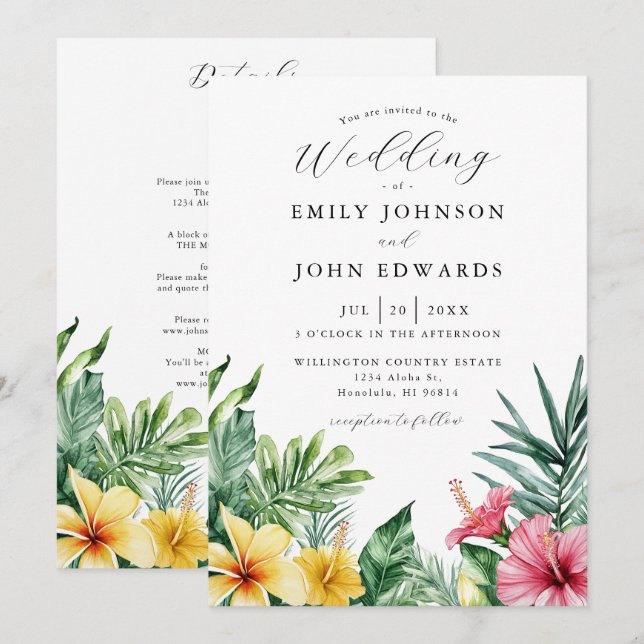 Invitation Mariage Fleurs Tropicales Aquarelle Tout En Un (Devant / Derrière)