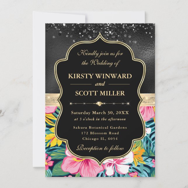 Invitation Mariage Fleurs Tropicales Prépa Or Noir (Devant)