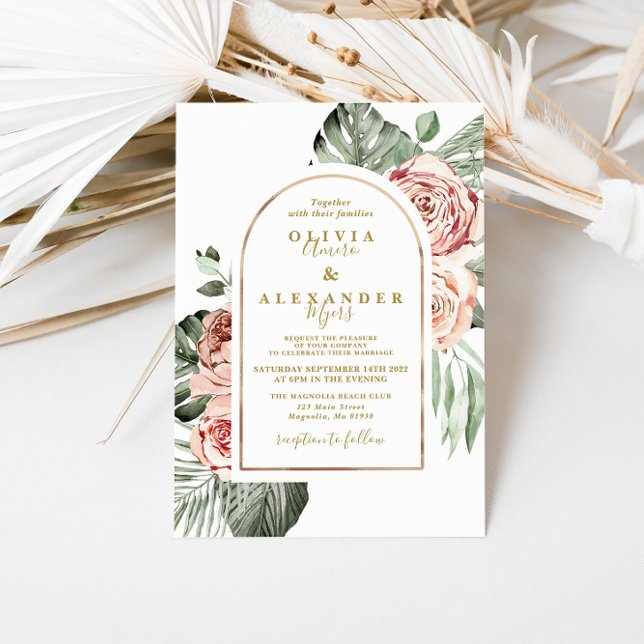 Invitation Mariage Fleurs Tropicales Roses et Feuilles de Pal (Créateur téléchargé)