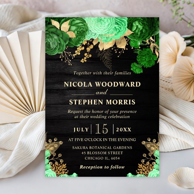Invitation Mariage Fleurs Vertes et Dorées Aquarelle Rustique (Créateur téléchargé)