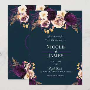 Invitation Mariage Fleurs Vertes Foncé Violet Bleu Marine