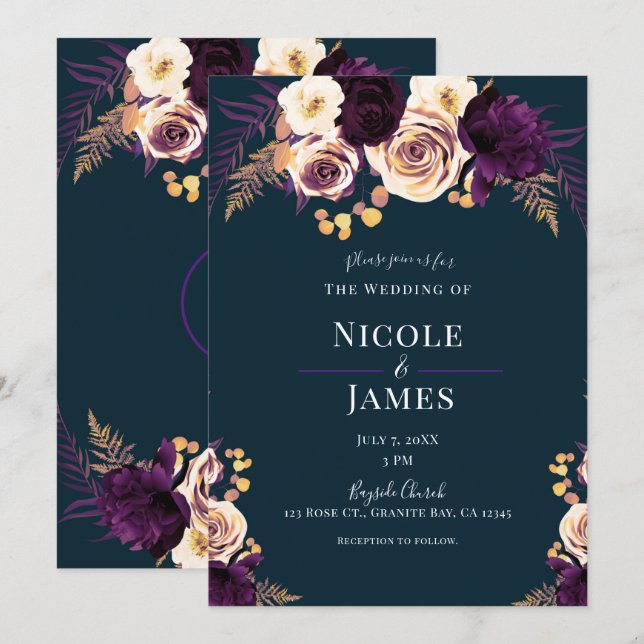 Invitation Mariage Fleurs Vertes Foncé Violet Bleu Marine (Devant / Derrière)