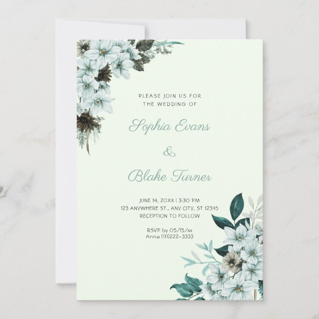 Invitation Mariage Fleurs Vertes Rustiques Bohème Lumière Ver (Devant)