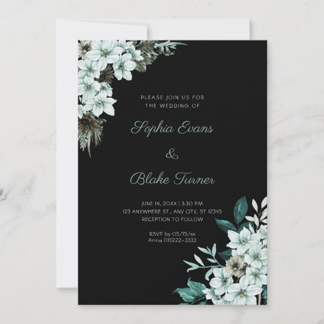 Invitation Mariage Fleurs Vertes Rustiques Bohème Noir (Devant)