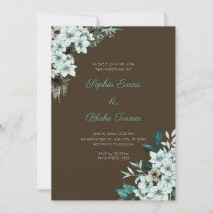 Invitation Mariage Fleurs Vertes Rustiques Bois Brun