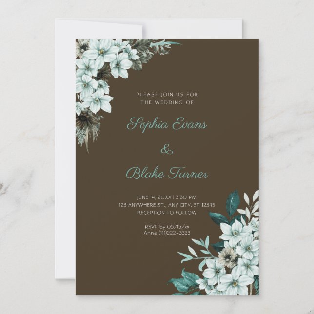 Invitation Mariage Fleurs Vertes Rustiques Bois Brun (Devant)