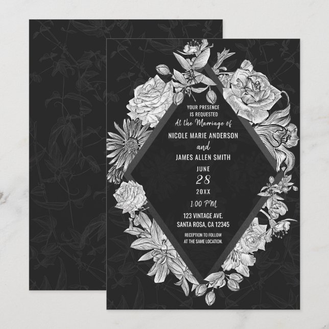 Invitation Mariage Fleurs Vintage Diamant Noir Élégant (Devant / Derrière)
