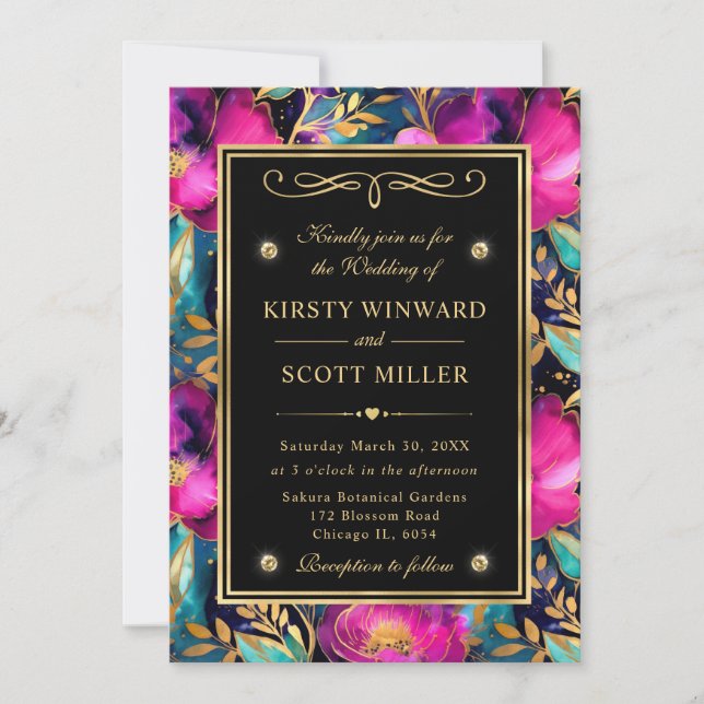 Invitation Mariage Fleurs Violet et Sarcelle Aquarelle (Devant)