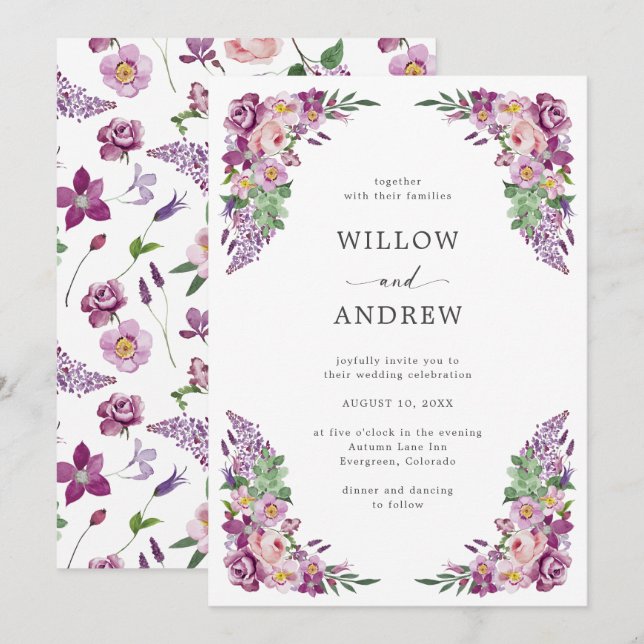 Invitation Mariage Fleurs Violettes Aquarelle (Devant / Derrière)