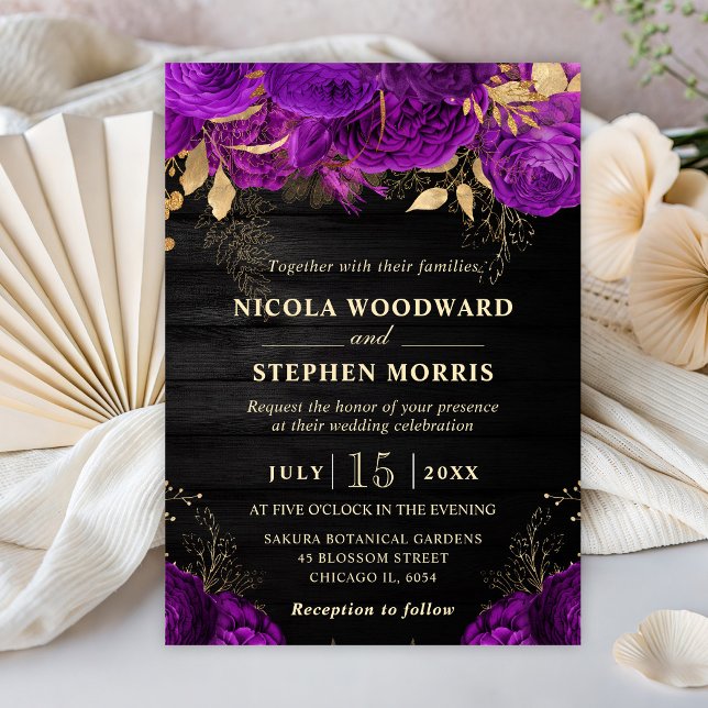 Invitation Mariage Fleurs Violettes et Dorées Aquarelle Rusti (Créateur téléchargé)