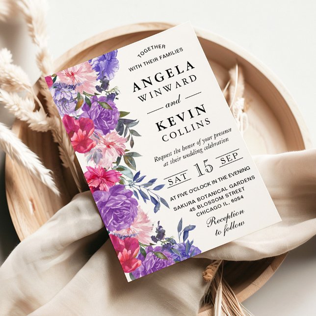Invitation Mariage Fleurs Violettes et Roses Aquarelle (Créateur téléchargé)