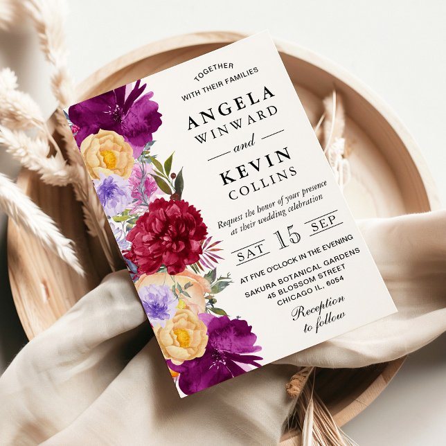 Invitation Mariage Fleurs Violettes et Rouges Aquarelle (Créateur téléchargé)