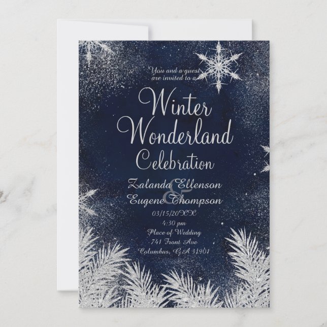 Invitation Mariage flocon de neige bleu argenté hiver pays de (Devant)
