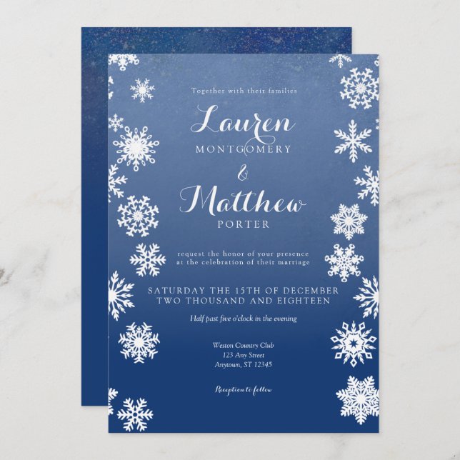 Invitation Mariage flocon de neige d'hiver blanc et marine (Devant / Derrière)