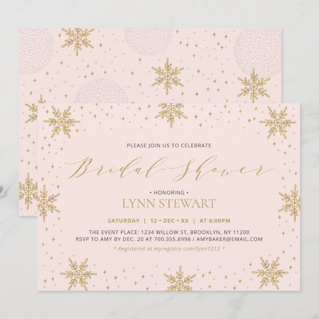 Invitation Mariage Flocon de Neige d'Hiver Rose et Or Baignoi (Devant / Derrière)