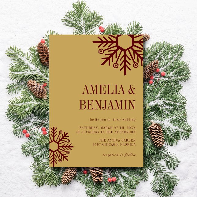 Invitation Mariage Flocon de Neige Simple Bourgogne & Or Anti (Créateur téléchargé)