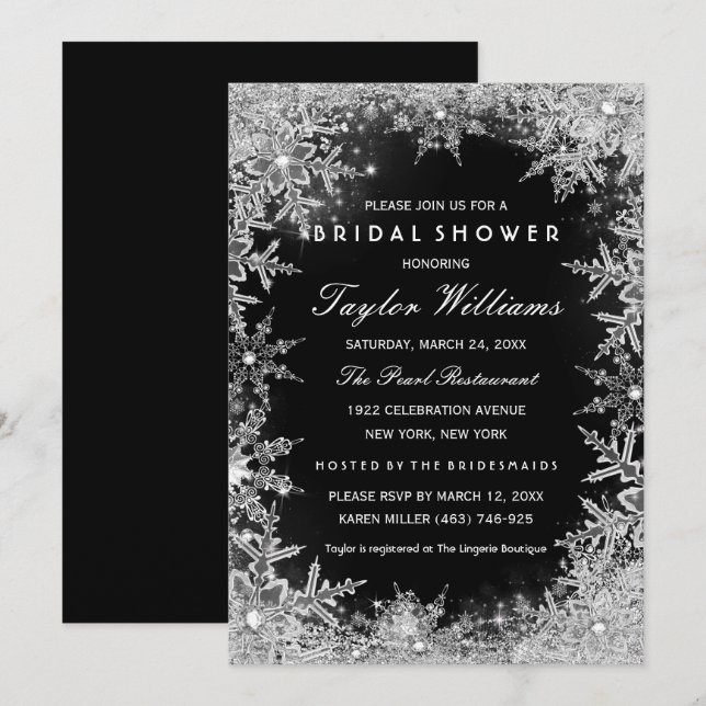 Invitation Mariage Flocons de Neige Bijou Noir Argenté (Devant / Derrière)