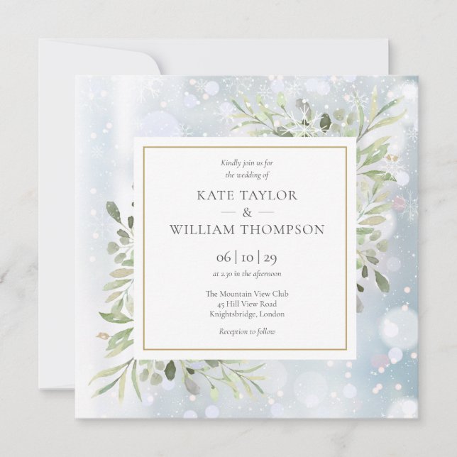 Invitation Mariage Flocons de Neige Feuillage Aquarelle Feuil (Devant)