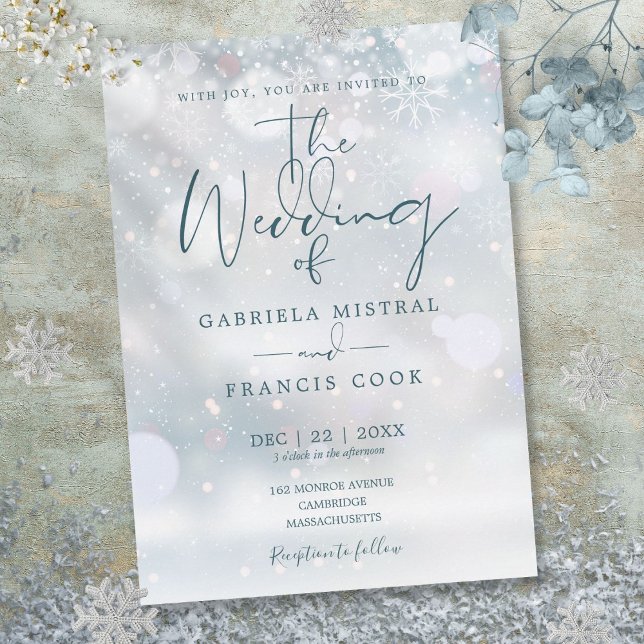 Invitation Mariage Flocons de Neige Script Hiver (Winter Wonderland Script Snowflakes Wedding Invitation)