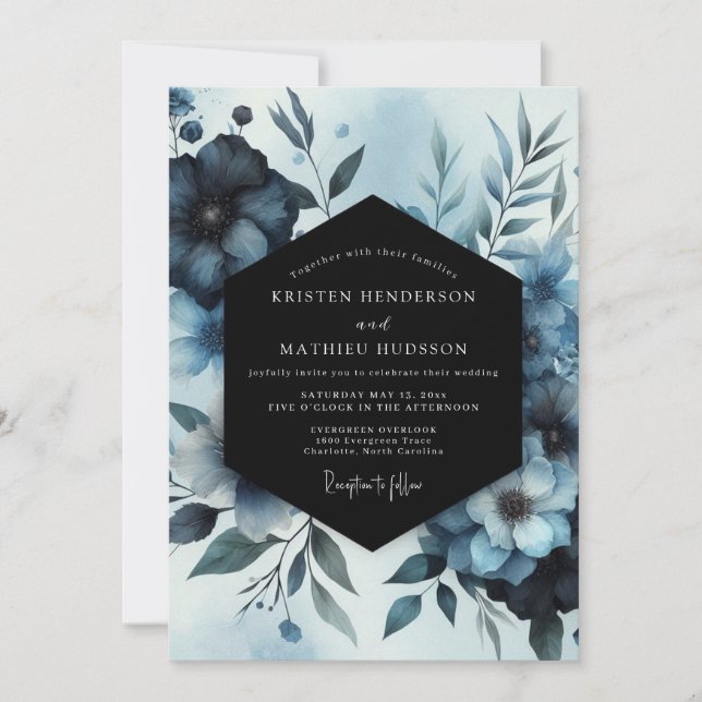 Invitation Mariage Floraison Aquarelle Indigo (Devant)