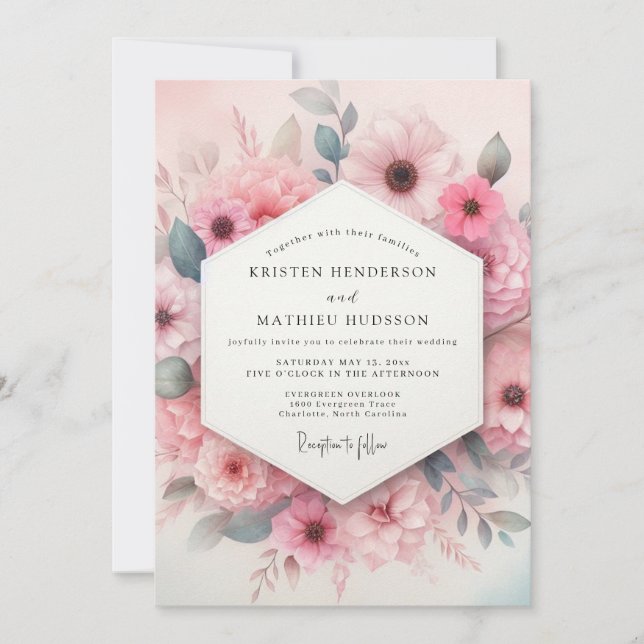 Invitation Mariage Floraison Aquarelle Rose Tendre (Devant)