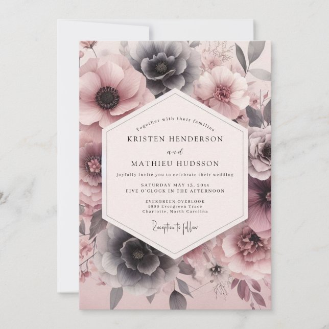 Invitation Mariage Floraison Ardoise Rosée (Devant)