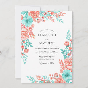 Invitation Mariage Floraison Artistique Aqua Corail