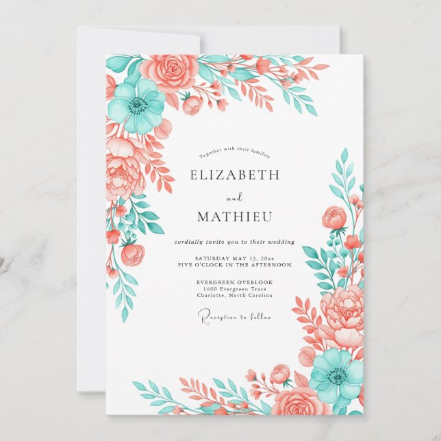 Invitation Mariage Floraison Artistique Aqua Corail (Devant)