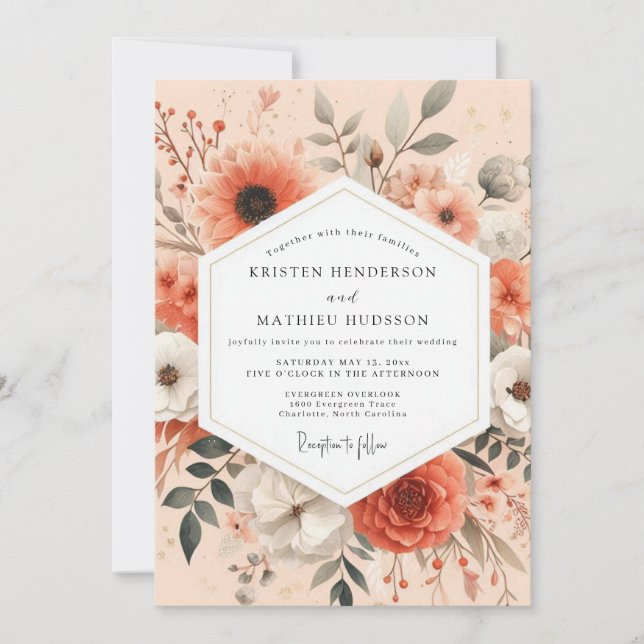 Invitation Mariage Floraison Artistique Corail (Devant)