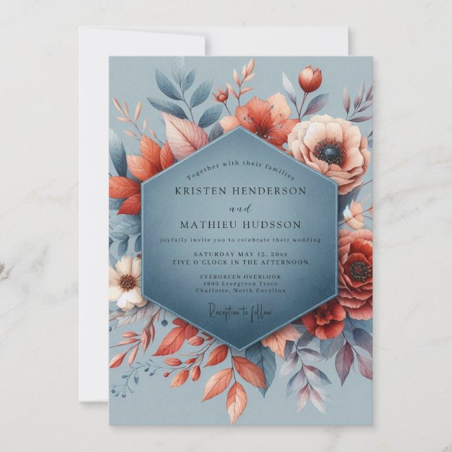 Invitation Mariage Floraison Automnale Bleu Ardoise (Devant)