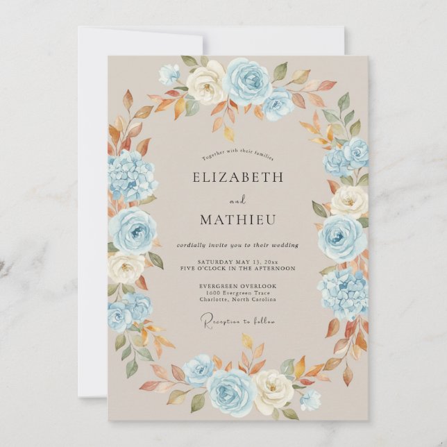 Invitation Mariage Floraison Automnale Bleu Ciel (Devant)