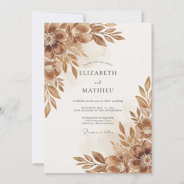 Invitation Mariage Floraison Automnale Marron (Devant)