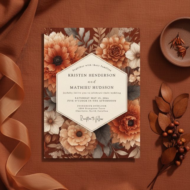 Invitation Mariage Floraison Automnale Orange Brûlé (Créateur téléchargé)