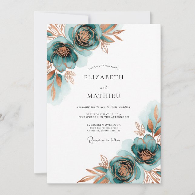 Invitation Mariage Floraison Automnale Sarcelle (Devant)