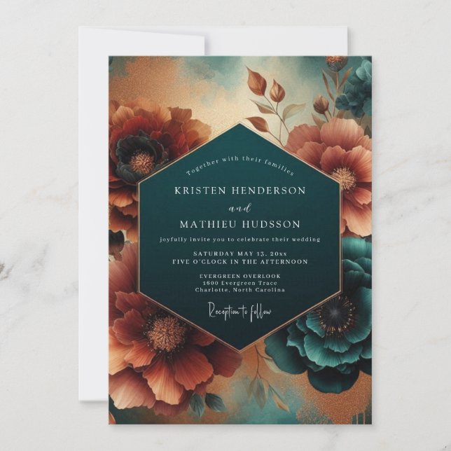 Invitation Mariage Floraison Automnale Sarcelle (Devant)
