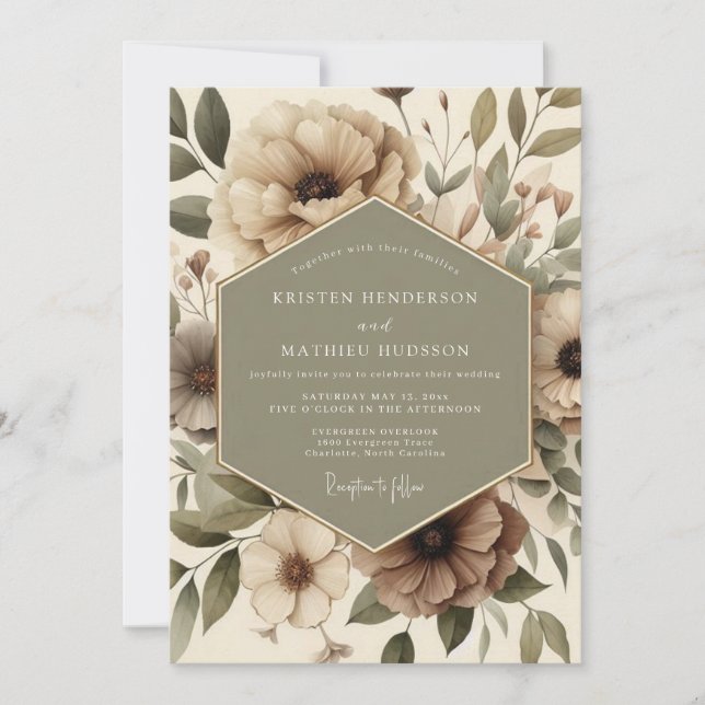 Invitation Mariage Floraison Botanique Beige (Devant)