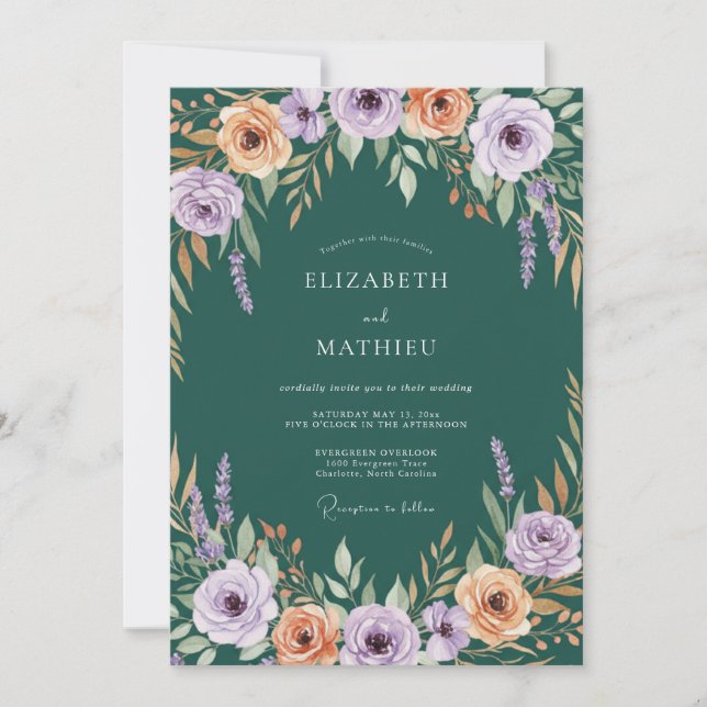 Invitation Mariage Floraison Botanique Corail Lavande (Devant)