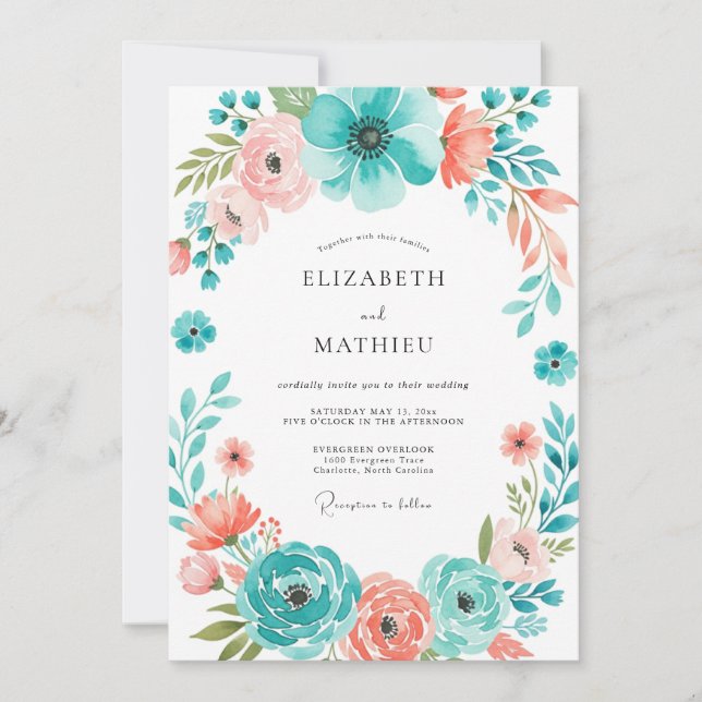 Invitation Mariage Floraison Botanique Corail Sarcelle (Devant)