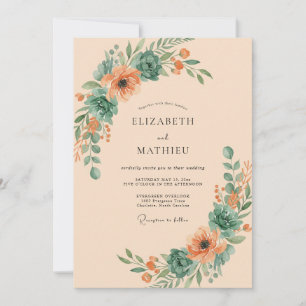 Invitation Mariage Floraison Botanique Corail Turquoise