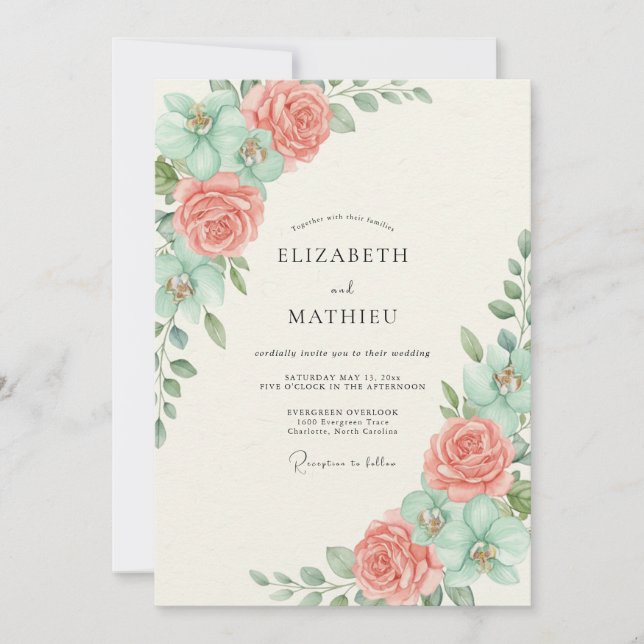 Invitation Mariage Floraison Botanique Menthe Corail (Devant)