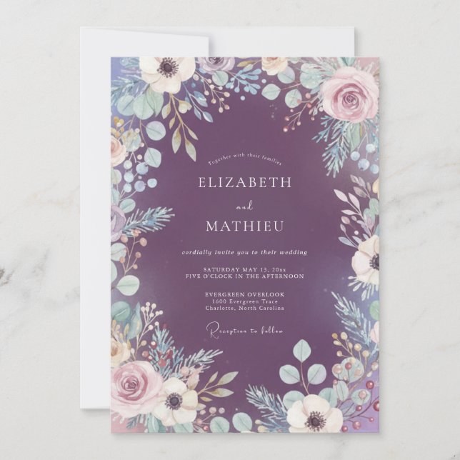 Invitation Mariage Floraison Botanique Mystique Prune (Devant)