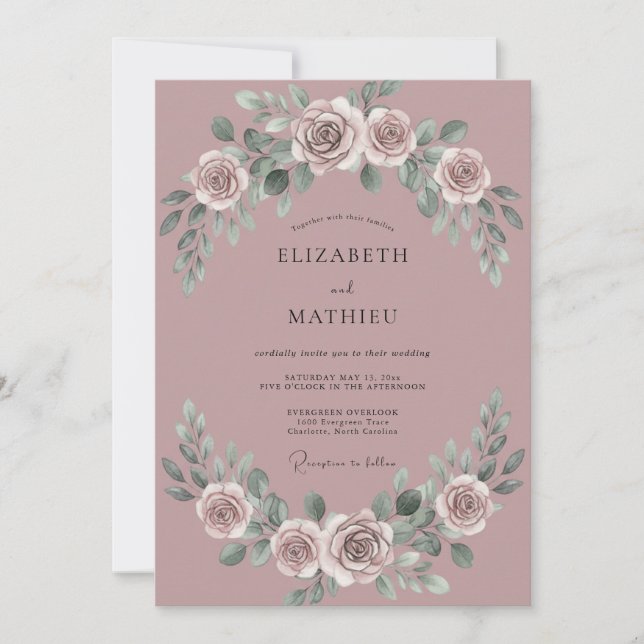 Invitation Mariage Floraison Botanique Rose Rougeâtre (Devant)